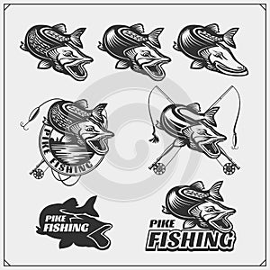 Set af fishing labels with a pike and fishing tackle. Fishing emblems and design elements.