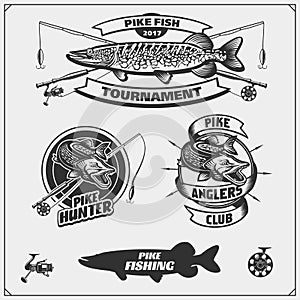 Set af fishing labels with a pike and fishing tackle. Fishing emblems and design elements.