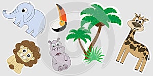 A set of Africa stickers. Stickers for children are a lion, a hippopotamus, a palm tree, an elephant, a giraffe, a toucan.