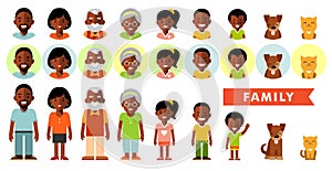 Set of african american ethnic family members in flat style