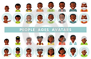 Set of african american ethnic people generations avatars at different ages