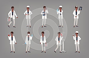 Set of African American female doctor, physician or surgeon standing in various positions. Bundle of black woman in