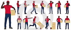 Set of African American warehouse workers with the package. Delivery guy is holding a cardboard box in different poses