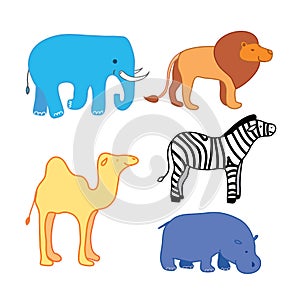 Set of African animal stickers. Safari set to study animal names broaden childrens horizons. Elephant lion zebra camel