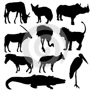 Set of African animals. Black silhouette on white background. vector