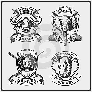 Set of african animals emblems. Lion, elephant, rhino and buffalo.