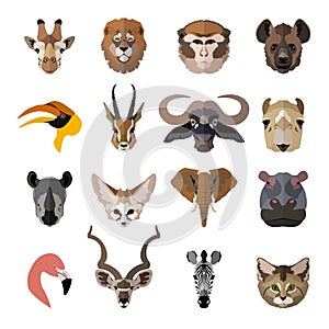 Set of african animals faces icons. Flat
