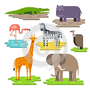 Set of African animals on the pieces of land vector flat design. Giraffe, elephant, Nile crocodile, hippopotamus, zebra