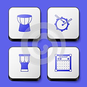 Set African darbuka drum, Drum with sticks, percussion and Guitar amplifier icon. White square button. Vector