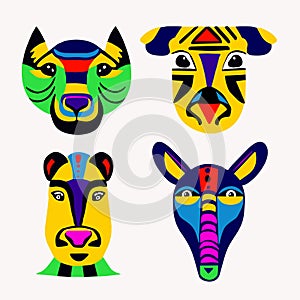 Set of african ethnic style animal heads in flat style, safari tribal collection mask in vibrant colors