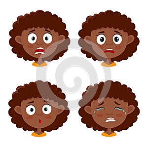 Set of african girl scared face expression isolated on white