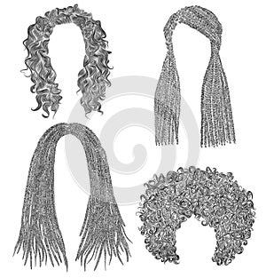 Set of african  hairs  . black  pencil drawing sketch .dreadlocks cornrows photo