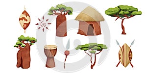 Set African hut with straw roof, baobab shield with spear in cartoon style isolated on white background. Safari tribal