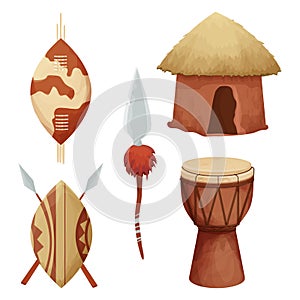 Set African hut with straw roof, shield with spear, drum in cartoon style isolated on white background. Safari tribal