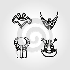 Set African Injun folk style symbol monochrome muzzle animals