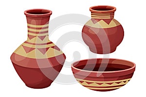 Set african pot, ceramic vase, craft tribal artifact in cartoon style isolated on white background. Collection amphora