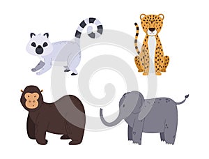 Set African Safari Animals Lemur, Cheetah, Gorilla and Elephant Design Elements for Kids Isolated on White Background