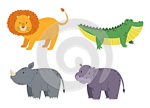 Set of African Safari Animals Lion, Crocodile, Rhinoceros, Hippo Isolated on White Background. Tropical Wildlife