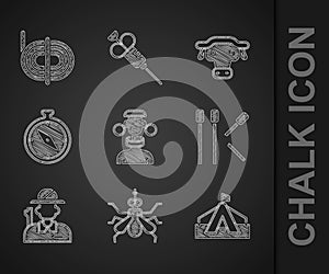 Set African tribe male, Mosquito, Tourist tent, Matches, Hunter, Compass, buffalo head and Climber rope icon. Vector