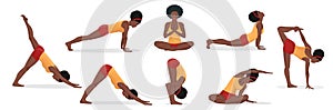 Set african woman exercising yoga training poses on white isolated background. Vector illustration