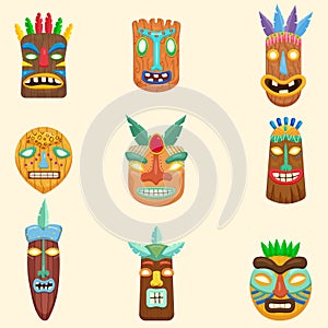 Set of african, zulu, mexican, indian, inca or aztec masks isolated on white background