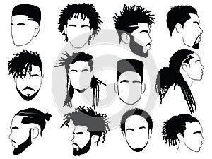 Set of afro hairstyles for men. Collection of dreads and afro braids for men. Black and white illustration for a