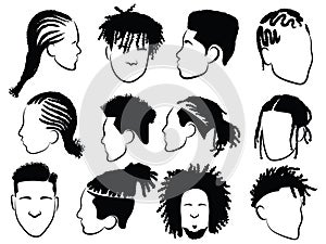 Set of afro hairstyles for men. Collection of dreads and afro braids for men. Black and white illustration for a