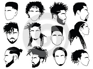 Set of afro hairstyles for men. Collection of dreads and afro braids for men. Black and white illustration for a photo