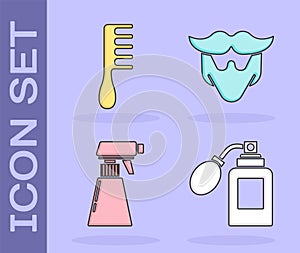 Set Aftershave bottle with atomizer, Hairbrush, Hairdresser pistol spray bottle and Mustache and beard icon. Vector