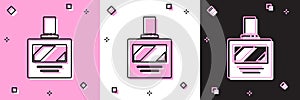 Set Aftershave icon isolated on pink and white, black background. Cologne spray icon. Male perfume bottle. Vector