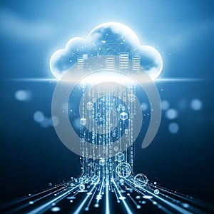 Set against a blue background with binary code, geometric shapes, and