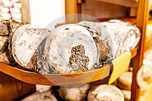 Set of aged traditional tuscan pecorino cheeses.