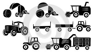 A set of agricultural machinery silhouettes isolated on white background. Combine harvester and tractor with trailer. Clipart