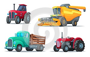 Set of agricultural transport. Farm equipment, tractors, truck and harvester. Industrial vehicles. Cartoon design vector