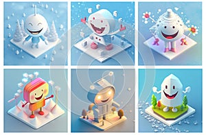 A set of AI generated isometric cartoon characters in a cheerful and happy mood. Concept of pure joy, happiness