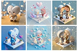 A set of AI generated isometric cartoon characters in a cheerful and loving mood. Concept of love and strong positivity