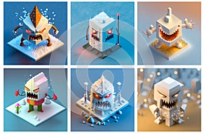 A set of AI generated isometric cartoon characters monsters in an angry and unhappy mood. Concept of anger, depression