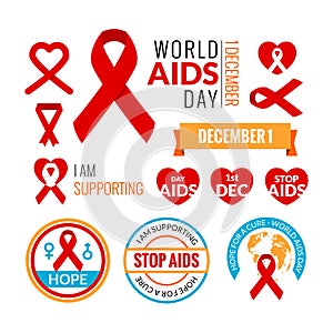 Set of AIDS badges. Vector collection. Stop AIDS signs set. AIDS red ribbons. AIDS logo set. World AIDS day - 1 December. HIV STI