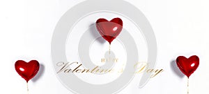 Set of Air Balloons. Bunch of red color heart shaped foil balloons isolated on white background. Love. Holiday celebration.