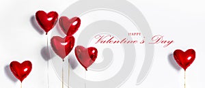 Set of Air Balloons. Bunch of red color heart shaped foil balloons isolated on white background. Love. Holiday celebration.