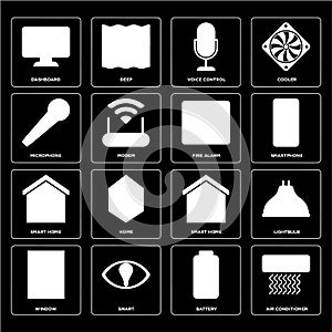 Set of Air conditioner, Battery, Window, Smart home, Fire alarm, Microphone, Voice control, Dashboard icons