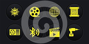 Set Air conditioner, Paper scroll, Bluetooth connected, Movie clapper, Earth globe and Film reel icon. Vector