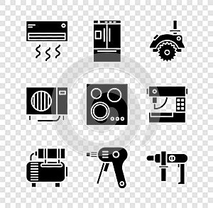 Set Air conditioner, Refrigerator, Electric circular saw, compressor, hot glue gun and drill machine icon. Vector