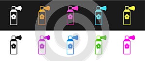 Set Air freshener spray bottle icon isolated on black and white background. Air freshener aerosol bottle. Vector