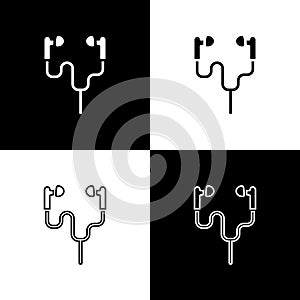 Set Air headphones icon icon isolated on black and white background. Holder wireless in case earphones garniture