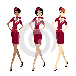 Set Air hostess in uniform, isolated on white