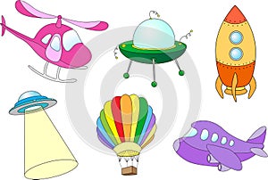 Set of air transport: balloon, aircraft, helicopter, rocket, fly