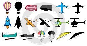 Set of air transports: balloon, dirigible, airplane, space rocket, hydroplane, helicopter, seaplane, parachute, glider. Colorful i photo