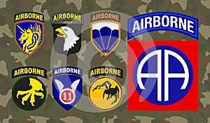 Set of Airborne unit patch isolated on camouflage background.