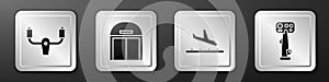 Set Aircraft steering helm, Aircraft hangar, Plane landing and Aircraft steering helm icon. Silver square button. Vector